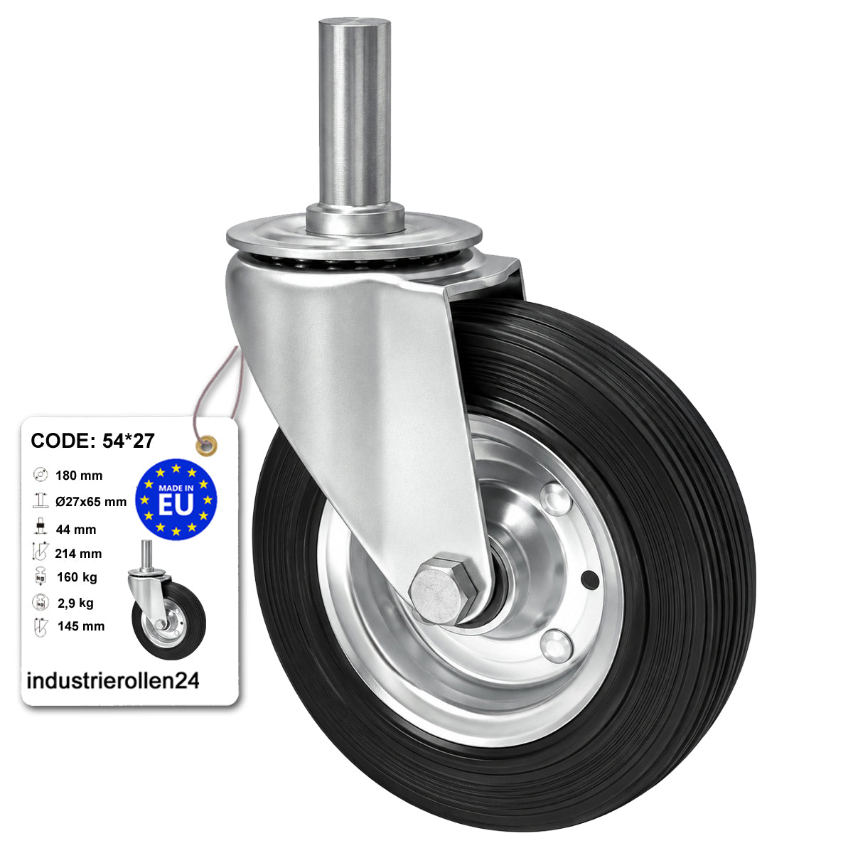 Metall-Gummiräder mit Befestigungsstift Lenkrollen  Ø180 mm Code: 54*27