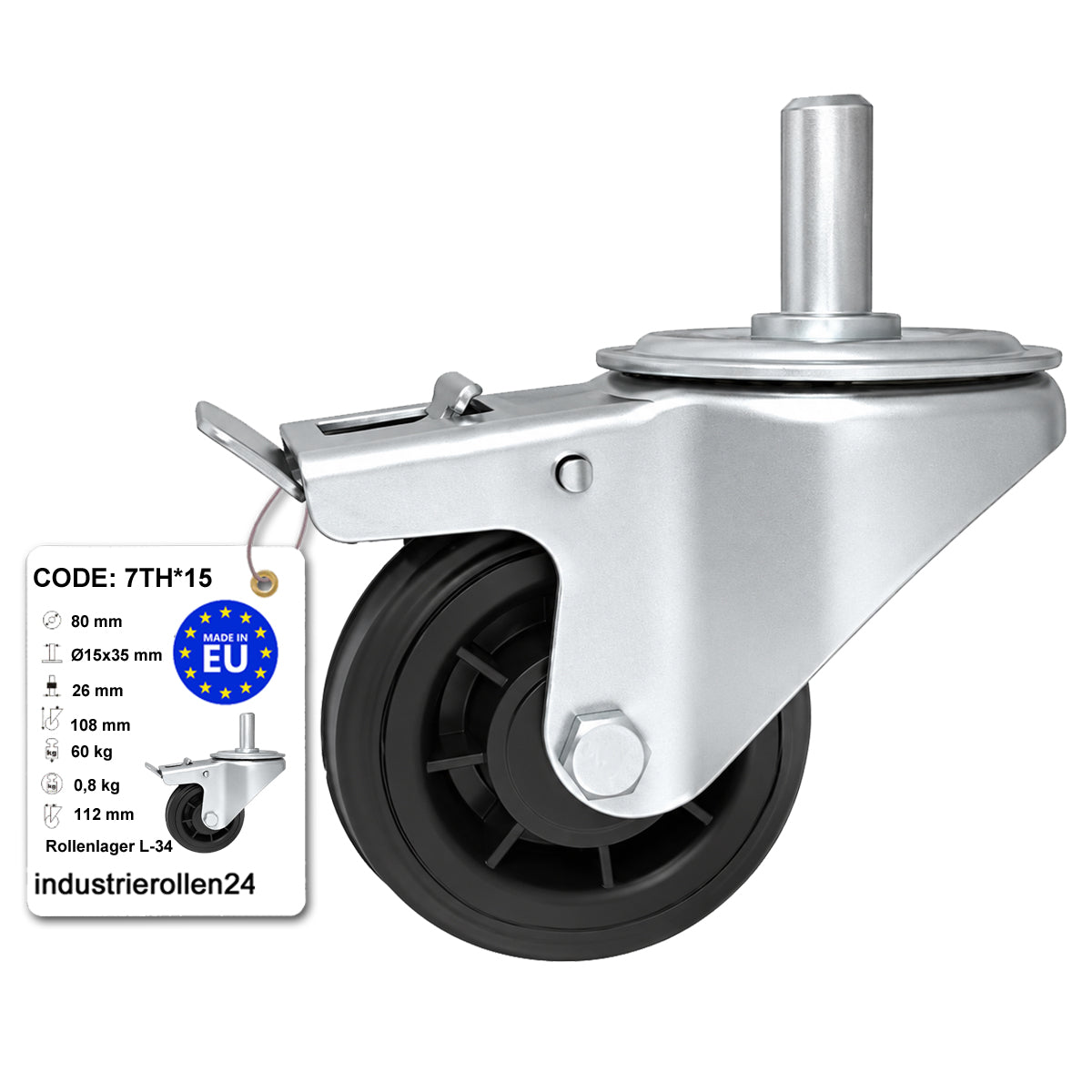 Kunststoff-Gummiräder mit Befestigungsstift und Bremse Lenkrollen  Ø80 mm Code: 7TH*15