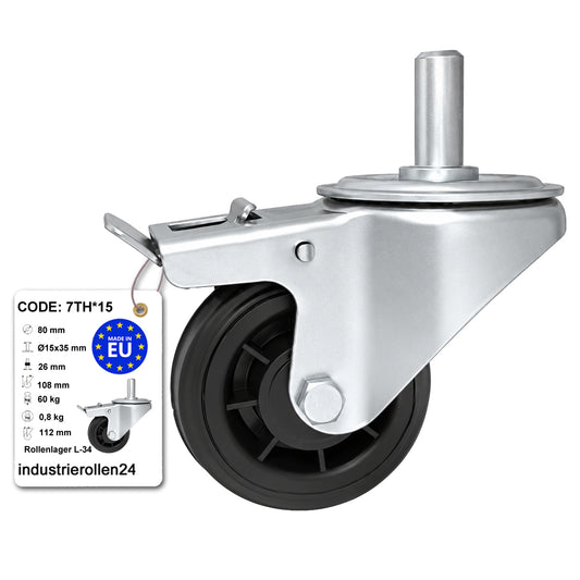 Kunststoff-Gummiräder mit Befestigungsstift und Bremse Lenkrollen  Ø80 mm Code: 7TH*15