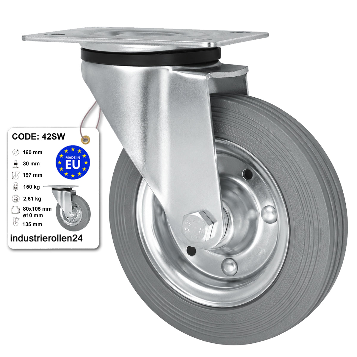 Metall-Gummiräder mit Befestigungsplatte Lenkrolle Ø160 mm mit Platte Code: 42SW