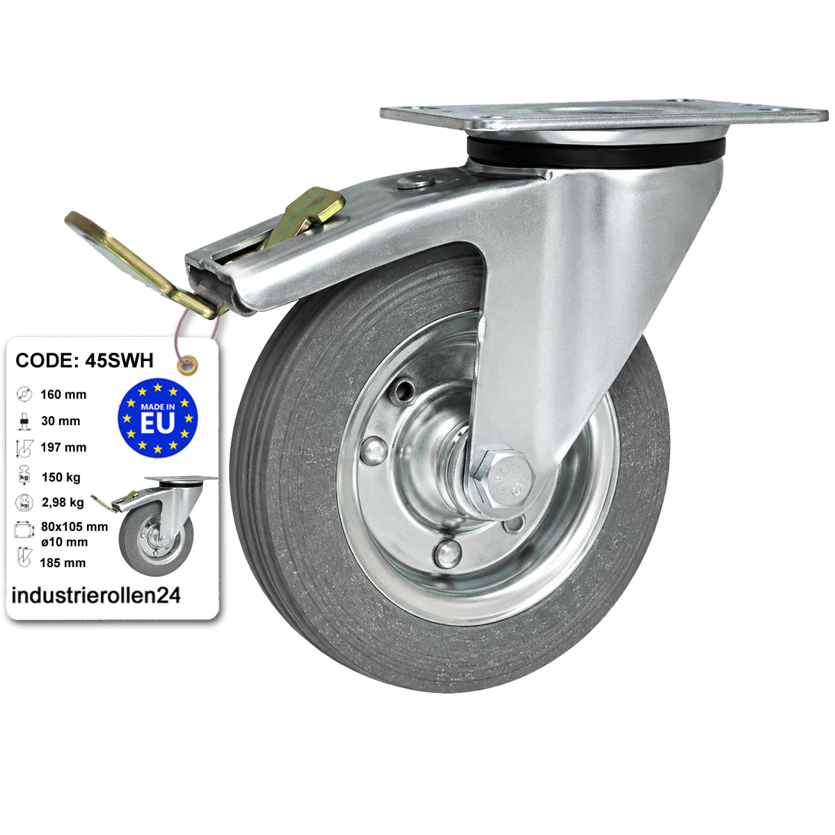 Metall-Gummiräder mit Befestigungsplatte und Bremse Lenkrolle Ø160 mm Code: 45SWH