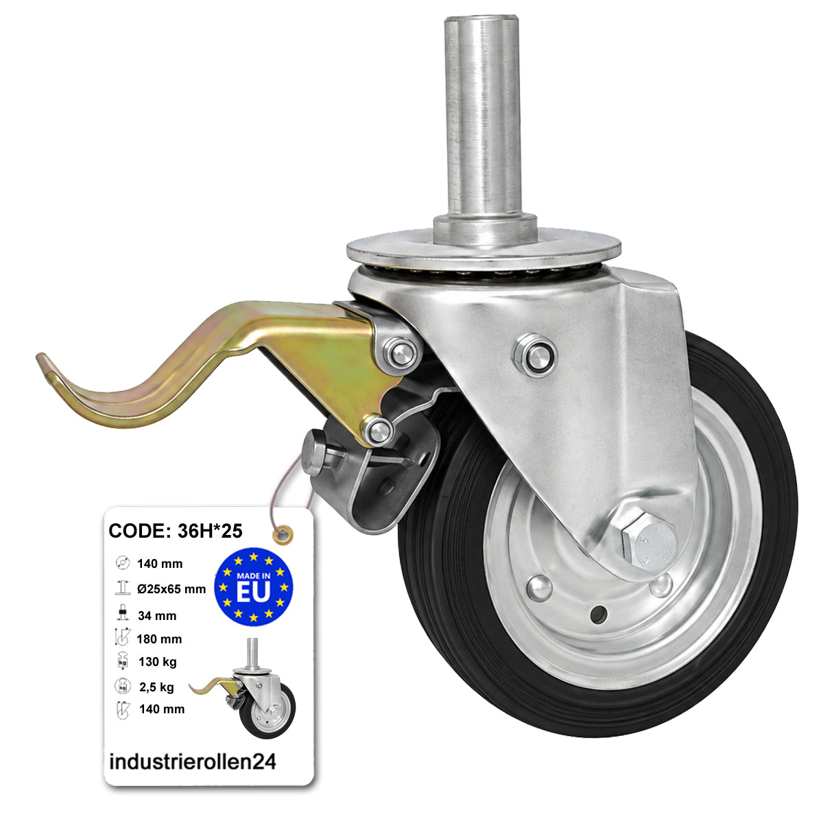 Metall-Gummiräder mit Befestigungsstift und Bremse Lenkrollen  Ø140 mm Code: 36H*25