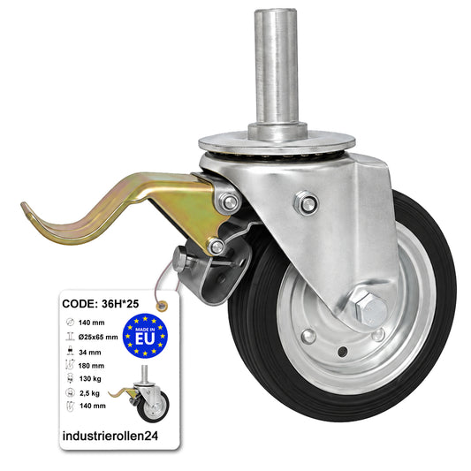Metall-Gummiräder mit Befestigungsstift und Bremse Lenkrollen  Ø140 mm Code: 36H*25