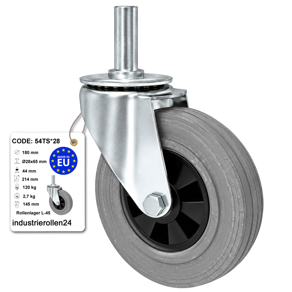 Kunststoff-Gummiräder mit Befestigungsstift Lenkrollen Ø180 mm Code: 54TS*28