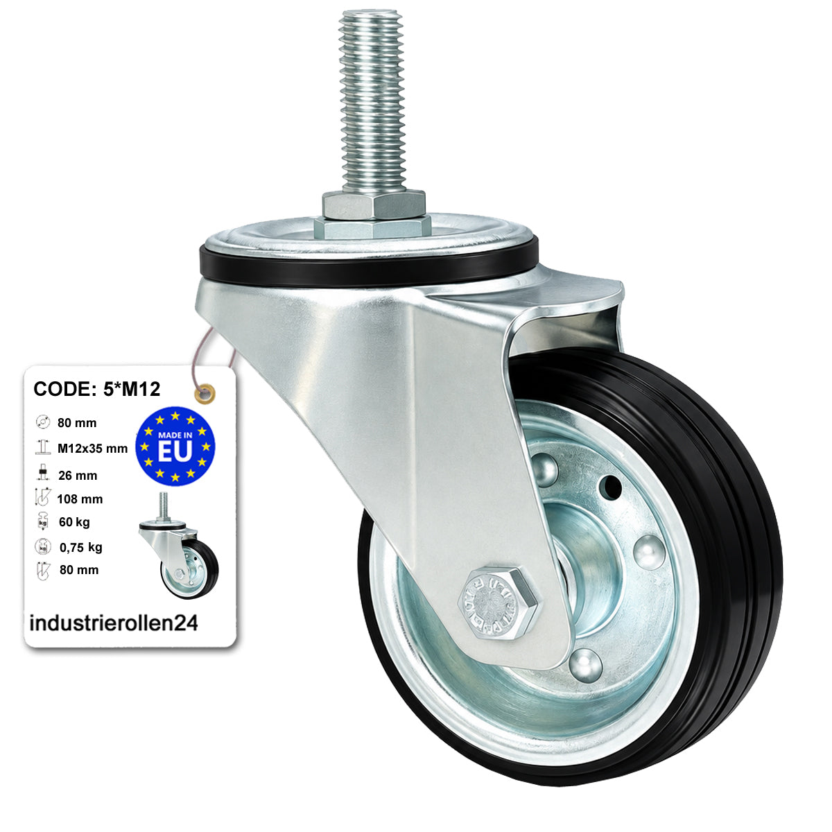 Metall-Gummiräder mit Befestigungsstift Lenkrollen Lenkrollen Ø80 mm Code: 5*M12