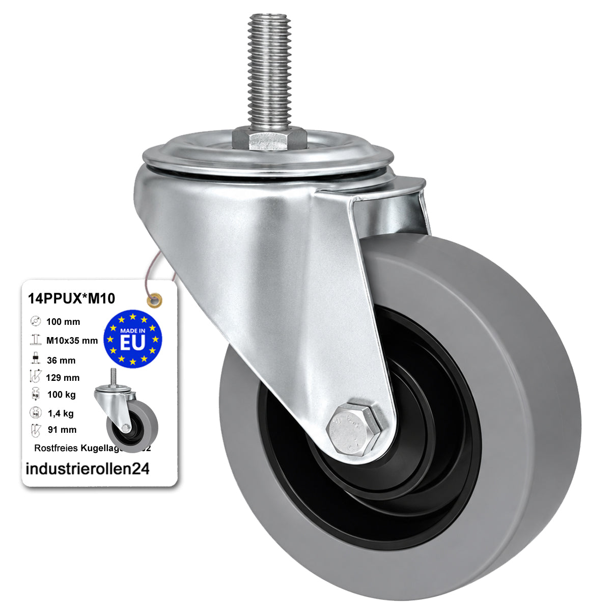 Polypropylen-Polyurethan-Lenkrollen mit Zapfen für Transportwagen und Industrie 100 mm Code: 14PPU*M10
