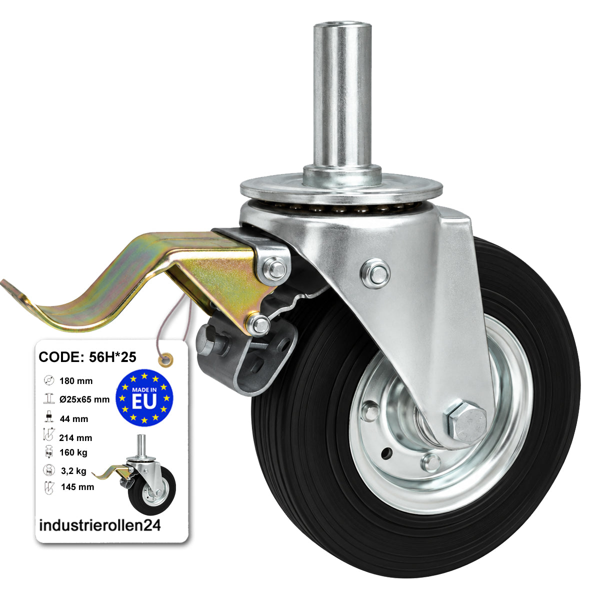 Metall-Gummiräder mit Befestigungsstift und Bremse Lenkrollen  Ø180 mm Code: 56H*25