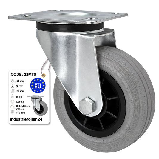 Kunststoff-Gummirrad mit Anschraubplatte Lenkrolle Ø125 mm mit Platte Code: 22MTS