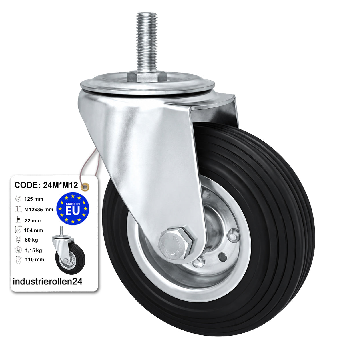Metall-Gummiräder mit Befestigungsstift Lenkrollen Lenkrollen Ø125 mm Code: 24M*M12