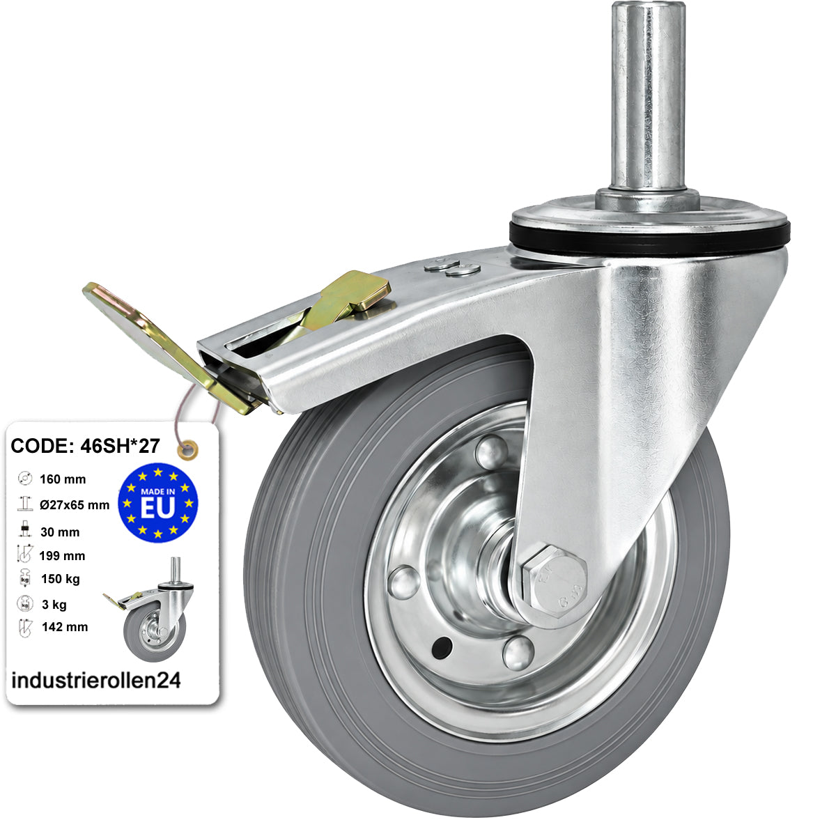 Metall-Gummiräder mit Befestigungsstift und Bremse Lenkrollen  Ø160 mm Code: 46SH*27
