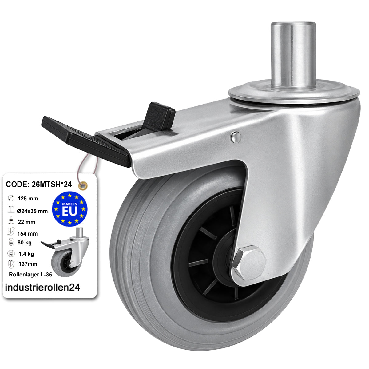 Kunststoff-Gummiräder mit Befestigungsstift und Bremse Lenkrollen  Ø125 mm Code: 26MTSH*24