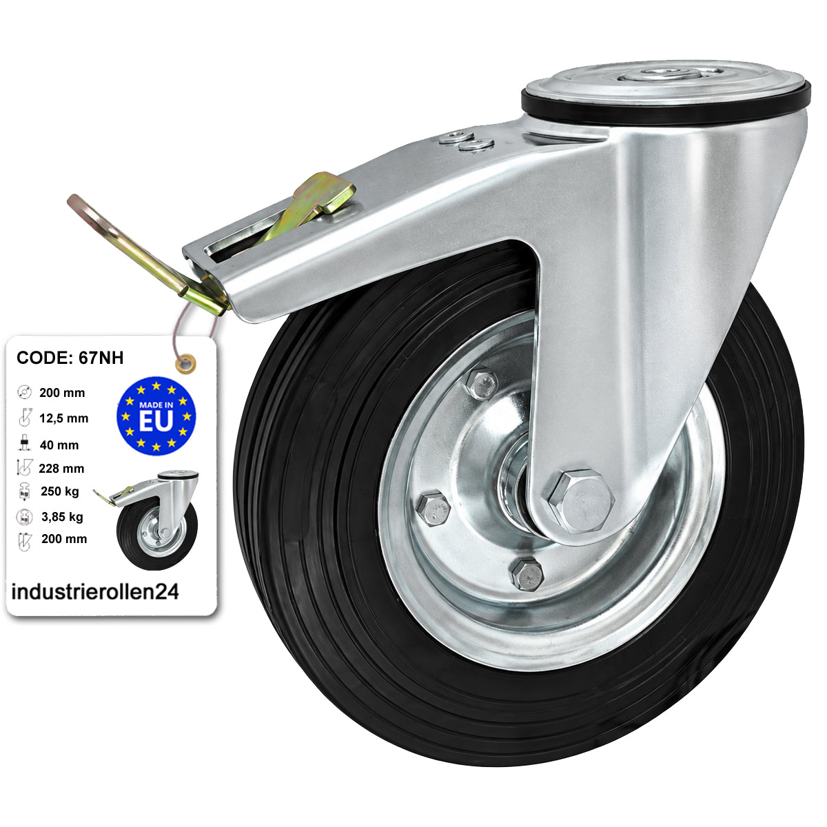 Metall-Gummiräder mit Befestigungsstift mit Zentralbohrung und Bremse Ø200 mm Code: 67NH