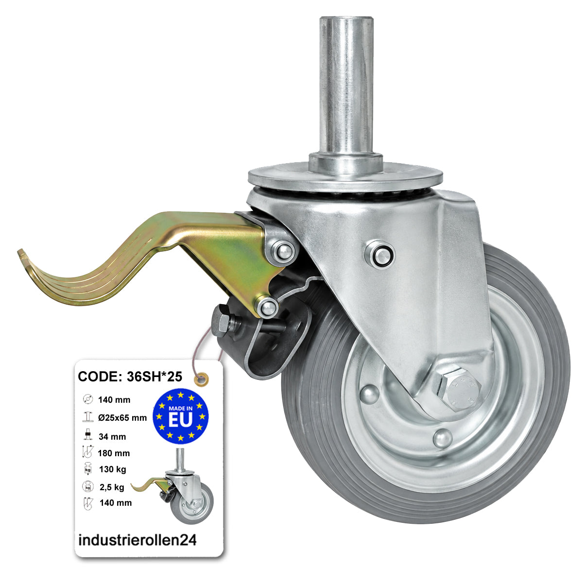 Metall-Gummiräder mit Befestigungsstift und Bremse Lenkrollen  Ø140 mm Code: 36SH*25