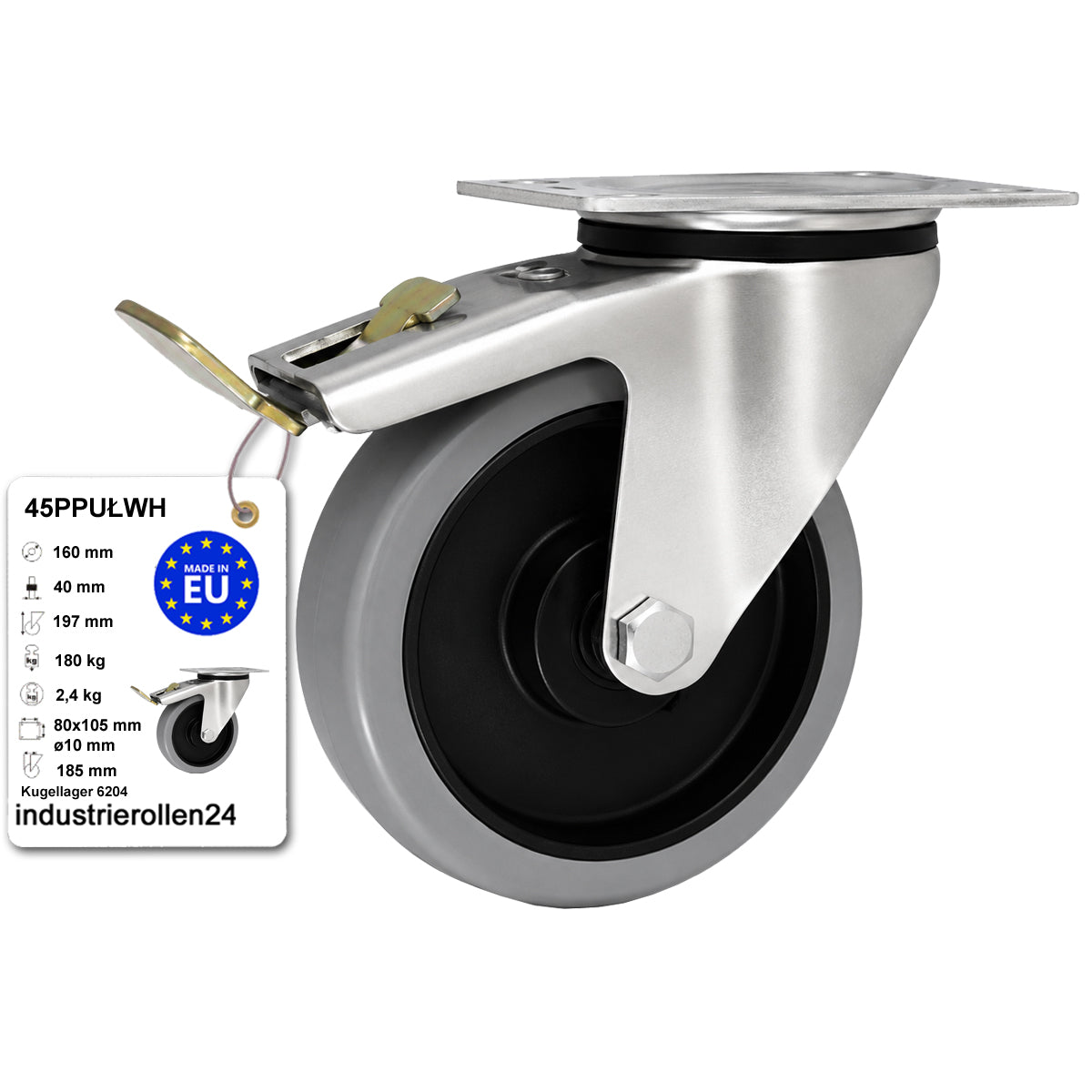 Polypropylen-Polyurethan-Rad mit schwenkbarem Gehäuse und Bremse für Transportwagen und Industrieanwendungen Ø160 mm Code: 45PPUŁWH