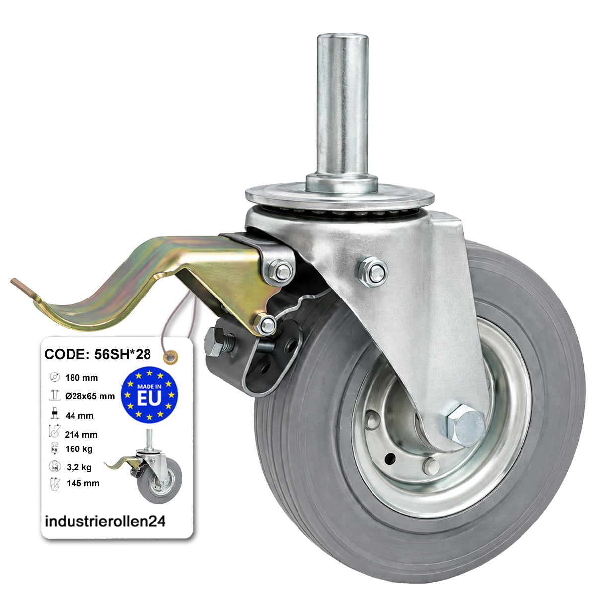 Metall-Gummiräder mit Befestigungsstift und Bremse Lenkrollen  Ø180 mm Code: 56SH*28