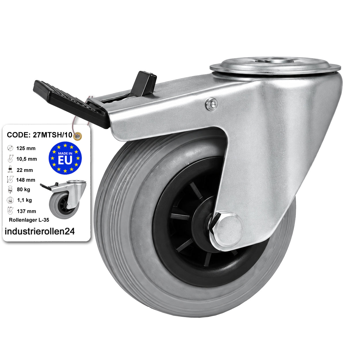 Kunststoff-Gummiräder mit Befestigungsstift mit Zentralbohrung und Bremse Ø125 mm Code: 27MTSH/10