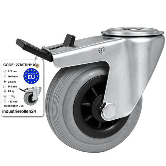 Kunststoff-Gummiräder mit Befestigungsstift mit Zentralbohrung und Bremse Ø125 mm Code: 27MTSH/10