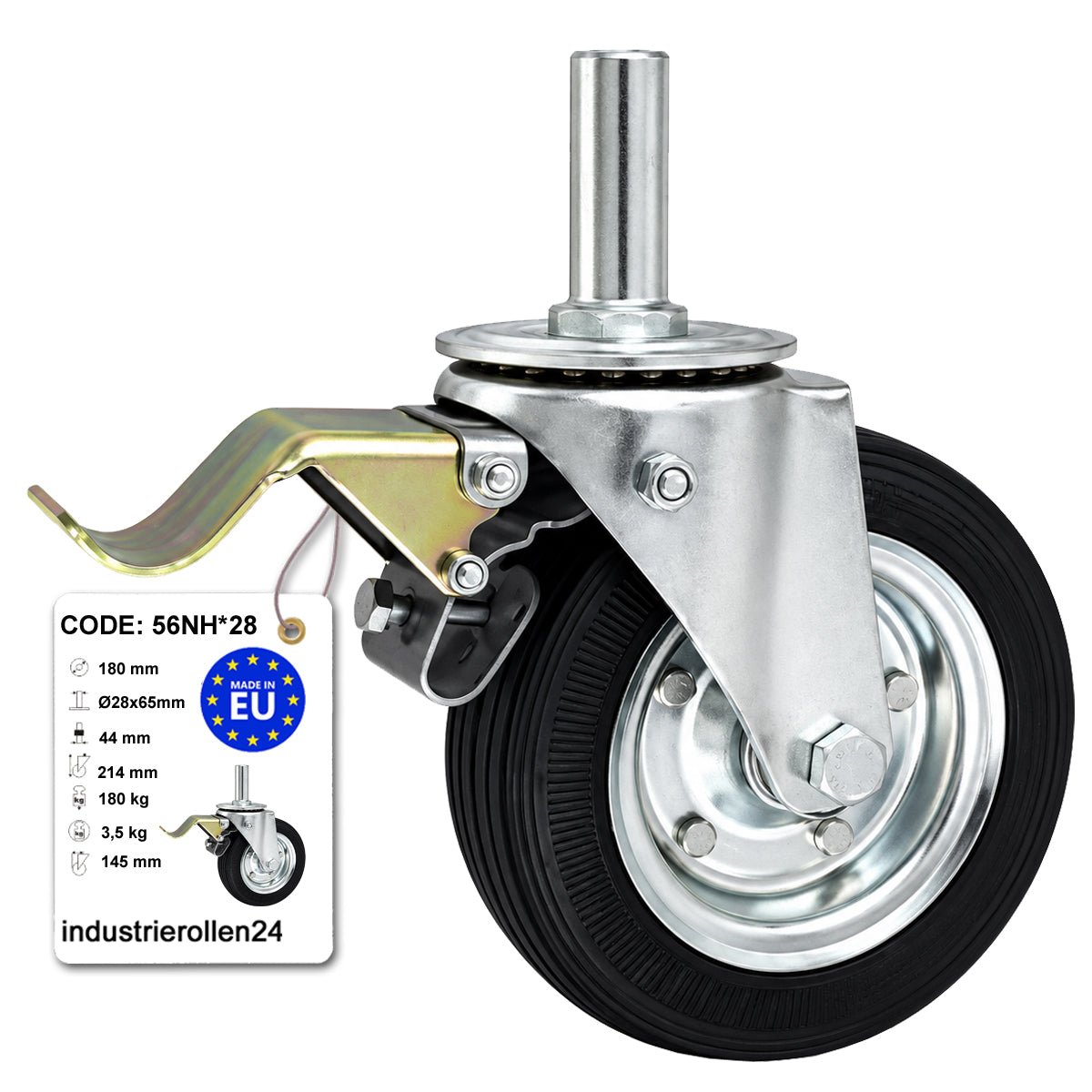 Metall-Gummiräder mit Befestigungsstift und Bremse Lenkrollen  Ø180 mm Code: 56NH*28