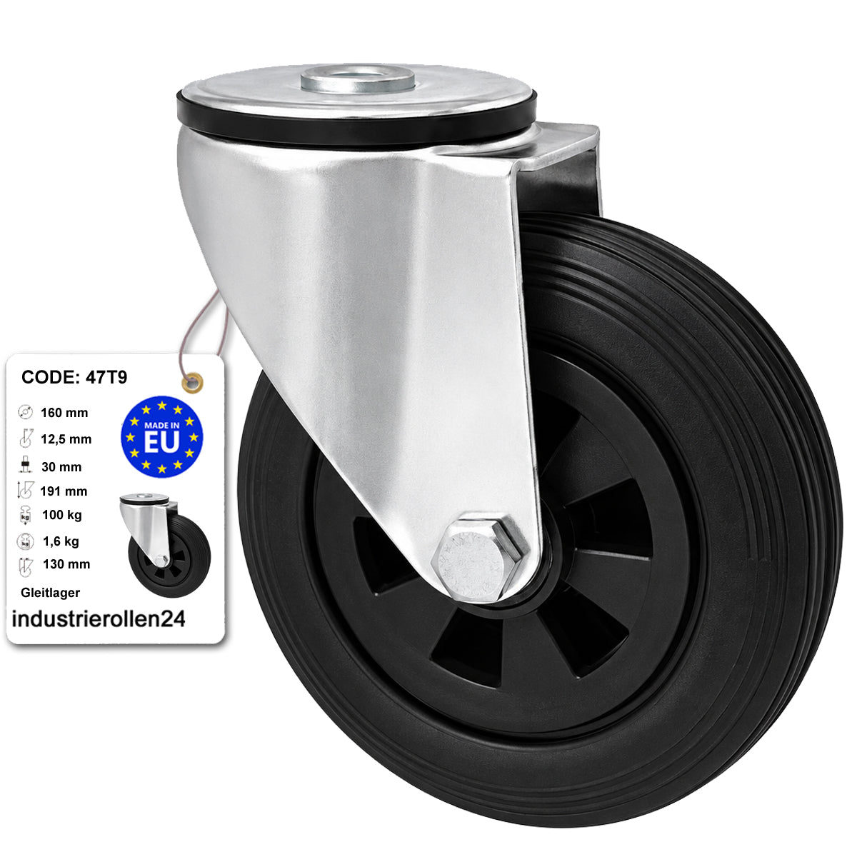 Kunststoff-Gummiräder mit Befestigungsstift mit Zentralbohrung Ø160 mm Code: 47T9