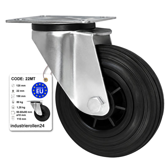 Kunststoff-Gummirrad mit Anschraubplatte Lenkrolle Ø125 mm mit Platte Code: 22MT