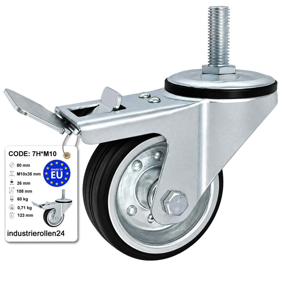 Metall-Gummiräder mit Befestigungsstift und Bremse Lenkrollen  Ø80 mm Code: 7H*M10