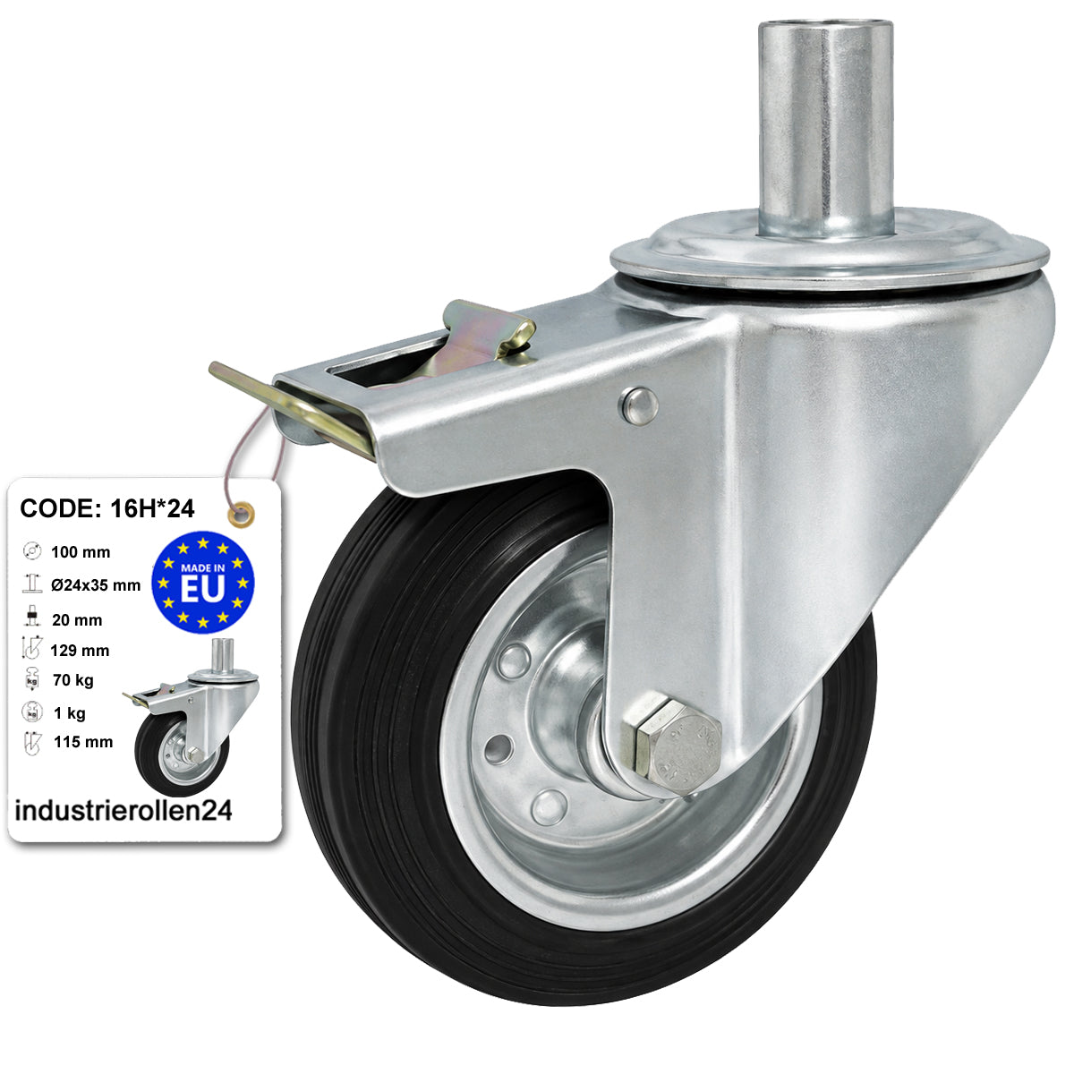 Metall-Gummiräder mit Befestigungsstift und Bremse Lenkrollen  Ø100 mm Code: 16H*24