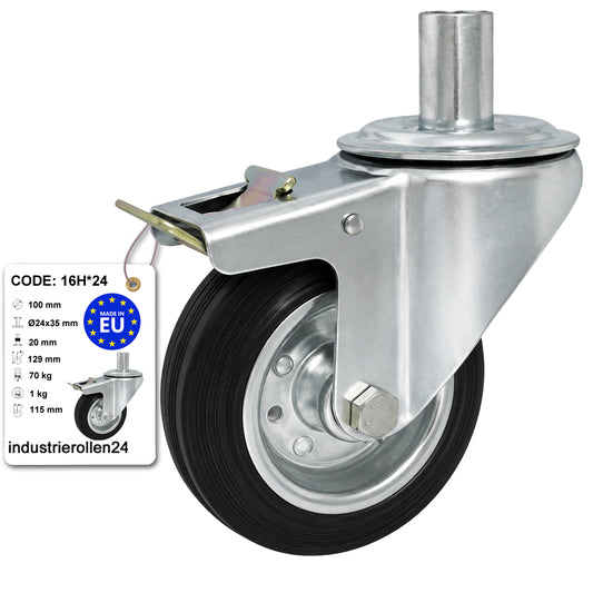 Metall-Gummiräder mit Befestigungsstift und Bremse Lenkrollen  Ø100 mm Code: 16H*24