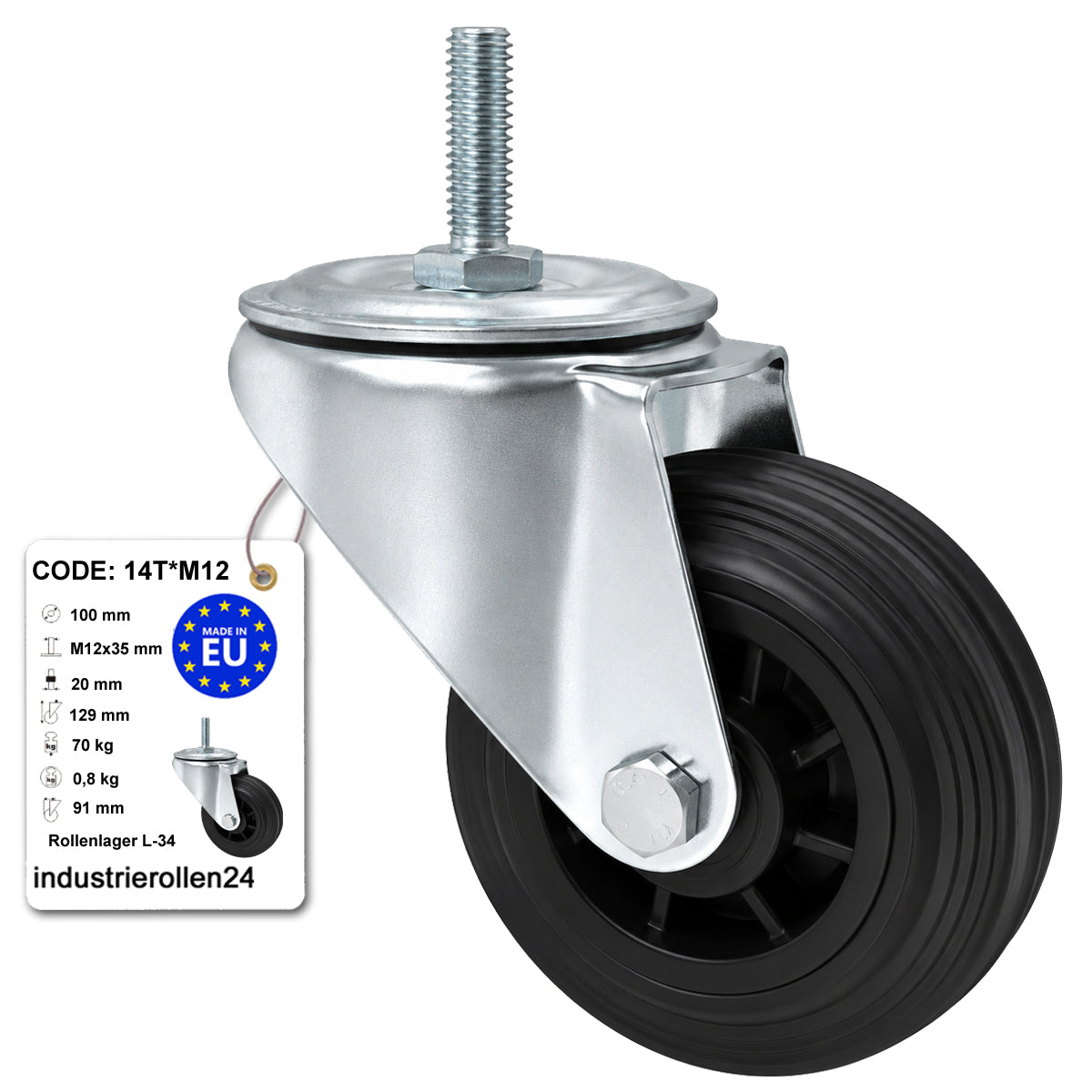 Kunststoff-Gummiräder mit Befestigungsstift Lenkrollen Ø100 mm Code: 14T*M12