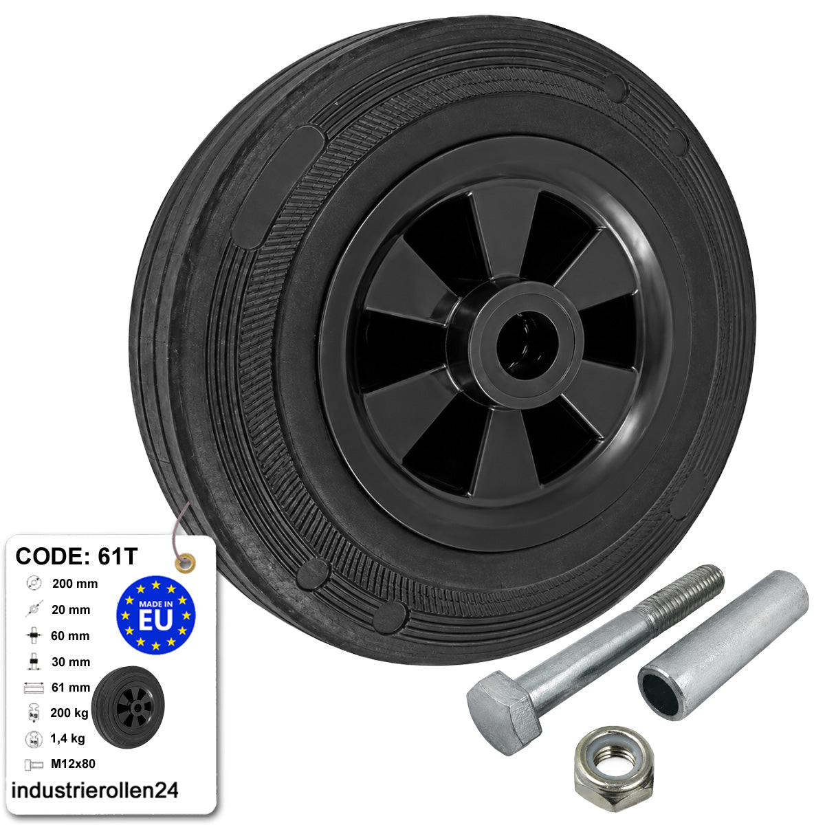 Kunststoff-Gummirrad Ø 200 mm Industrie Gummirad mit Montagesatz Code: 61T