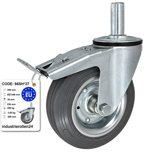 Metall-Gummiräder mit Befestigungsstift und Bremse Lenkrollen  Ø200 mm Code: 66SH*27