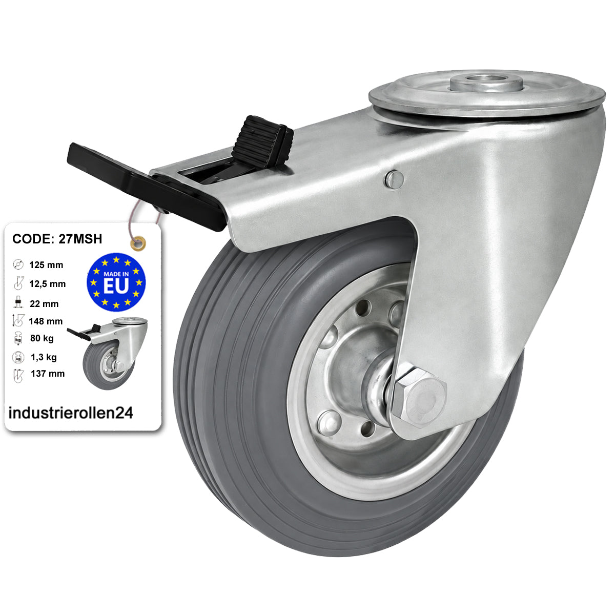 Metall-Gummiräder mit Befestigungsstift mit Zentralbohrung und Bremse Ø125 mm Code: 27MSH