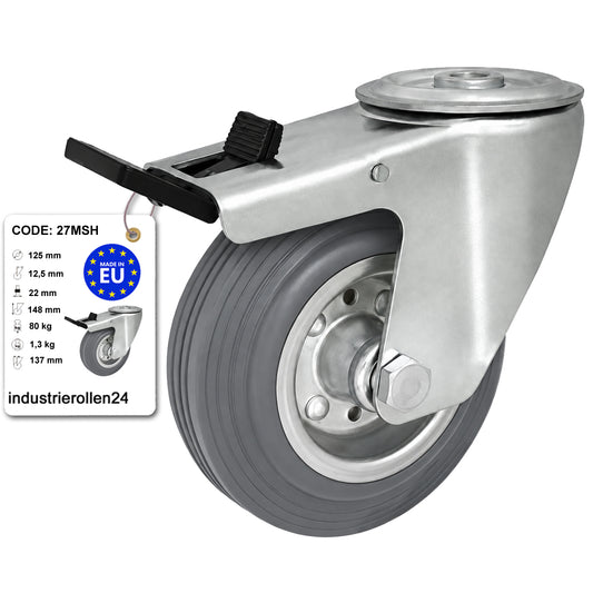 Metall-Gummiräder mit Befestigungsstift mit Zentralbohrung und Bremse Ø125 mm Code: 27MSH