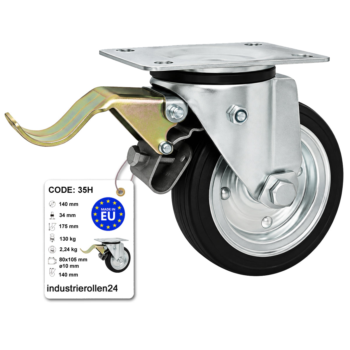 Metall-Gummiräder mit Befestigungsplatte und Bremse Lenkrolle Ø140 mm Code: 35H