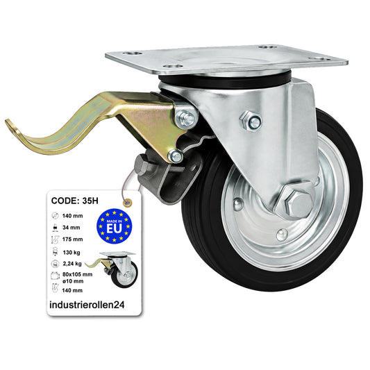 Metall-Gummiräder mit Befestigungsplatte und Bremse Lenkrolle Ø140 mm Code: 35H