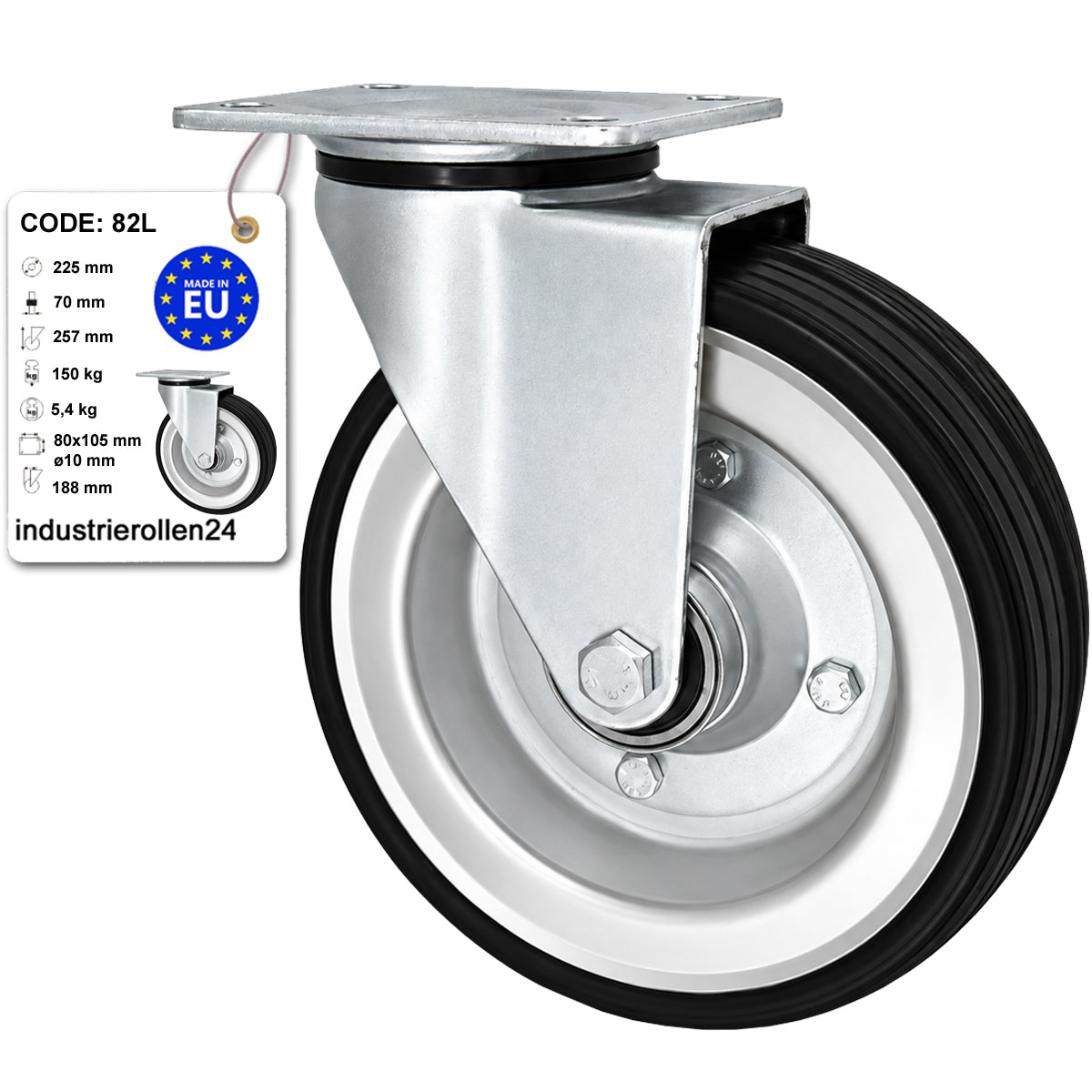 Metall-Gummiräder mit Befestigungsplatte Lenkrolle Ø225 mm mit Platte Code: 82L