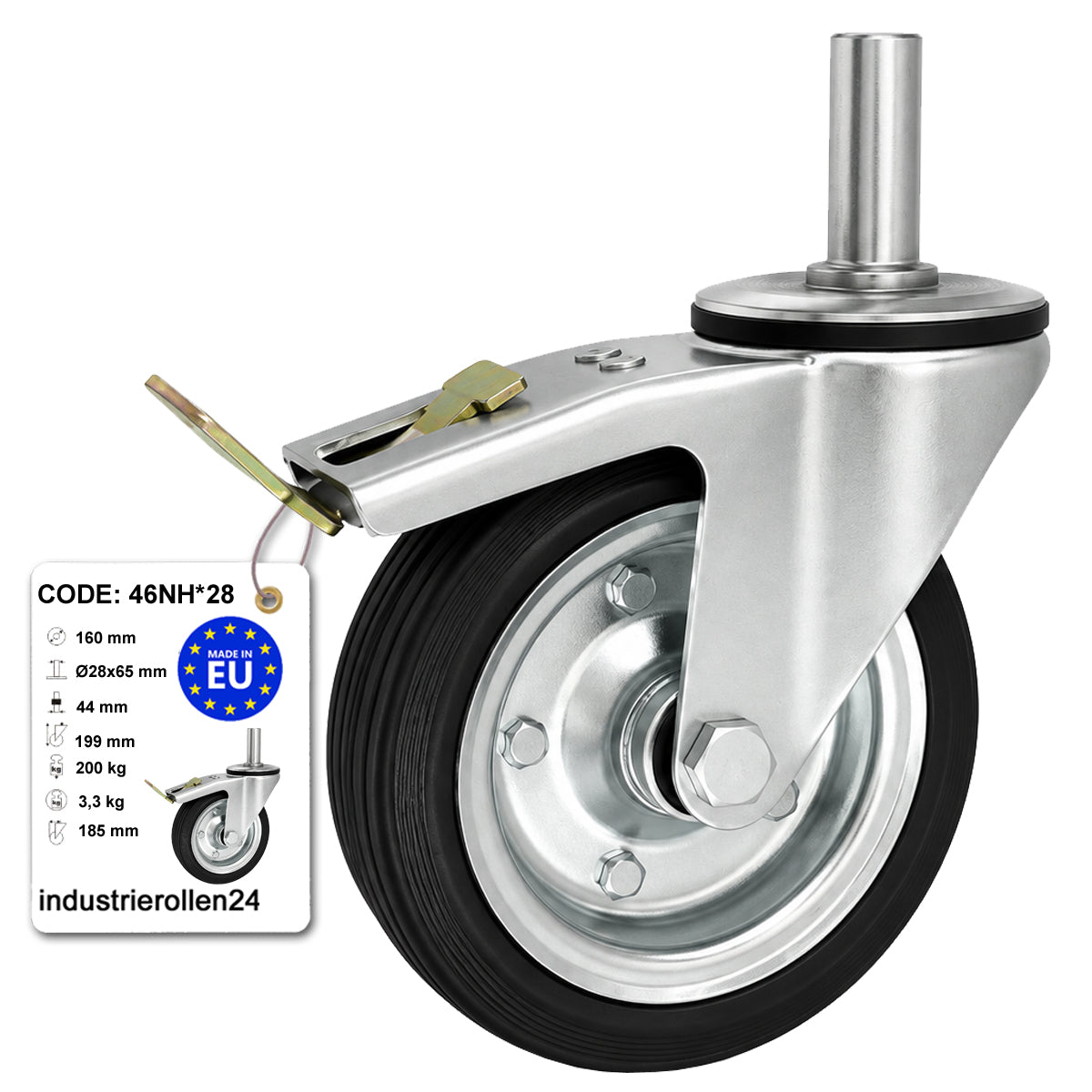 Metall-Gummiräder mit Befestigungsstift und Bremse Lenkrollen  Ø160 mm Code: 46NH*28