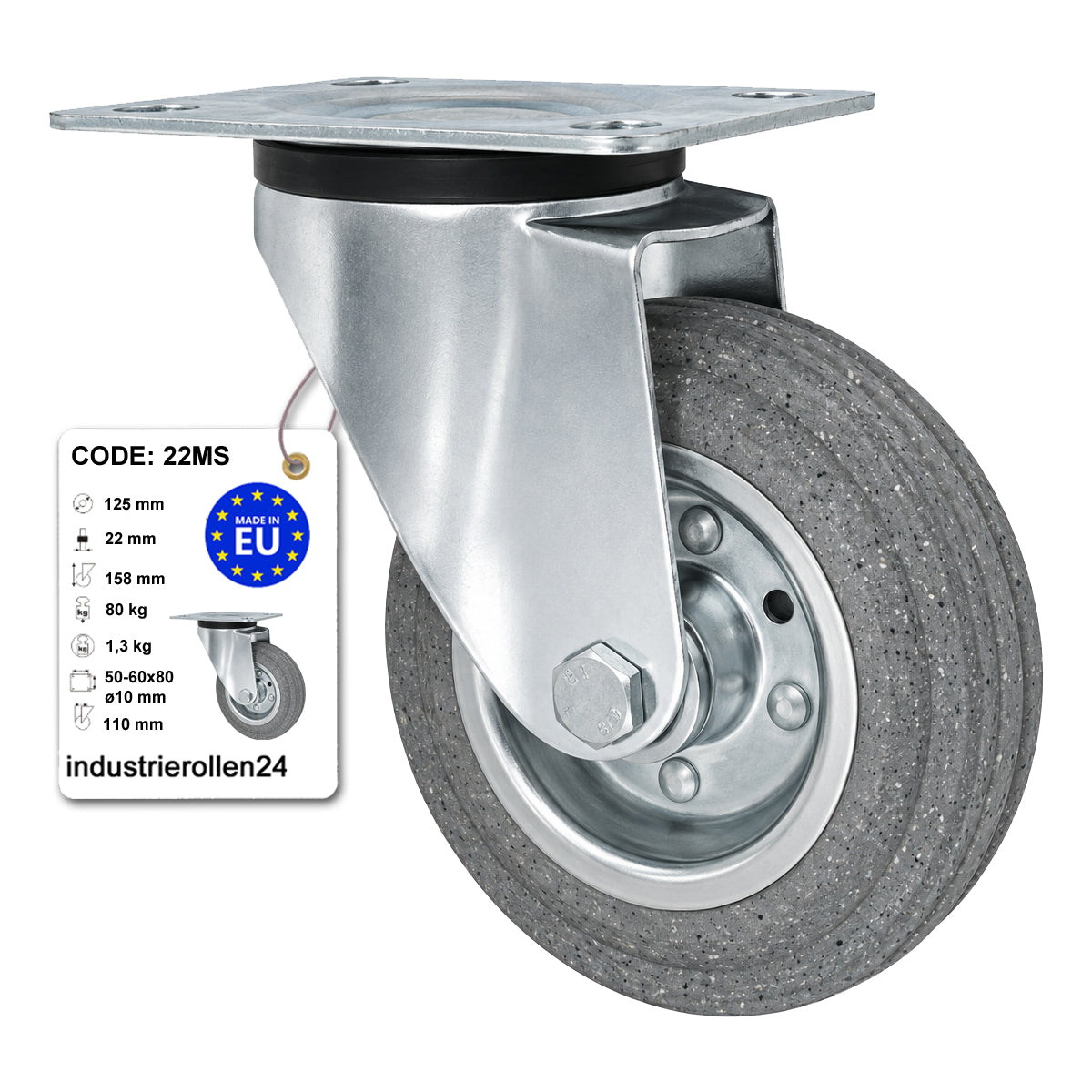 Metall-Gummiräder mit Befestigungsplatte Lenkrolle Ø125 mm mit Platte Code: 22MS