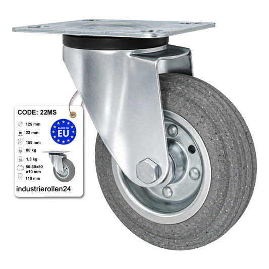 Metall-Gummiräder mit Befestigungsplatte Lenkrolle Ø125 mm mit Platte Code: 22MS