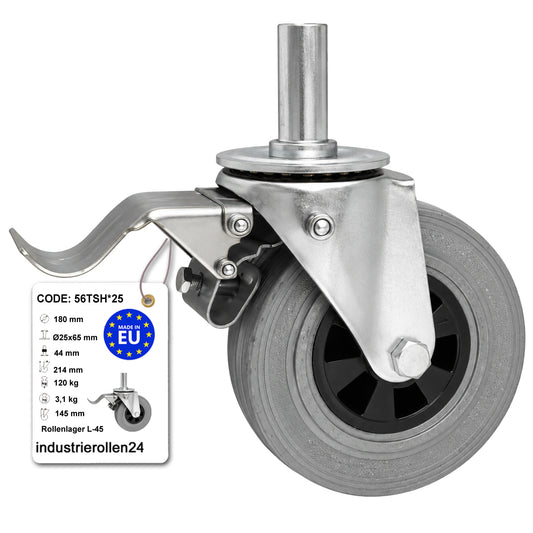Kunststoff-Gummiräder mit Befestigungsstift und Bremse Lenkrollen  Ø180 mm Code: 56TSH*25