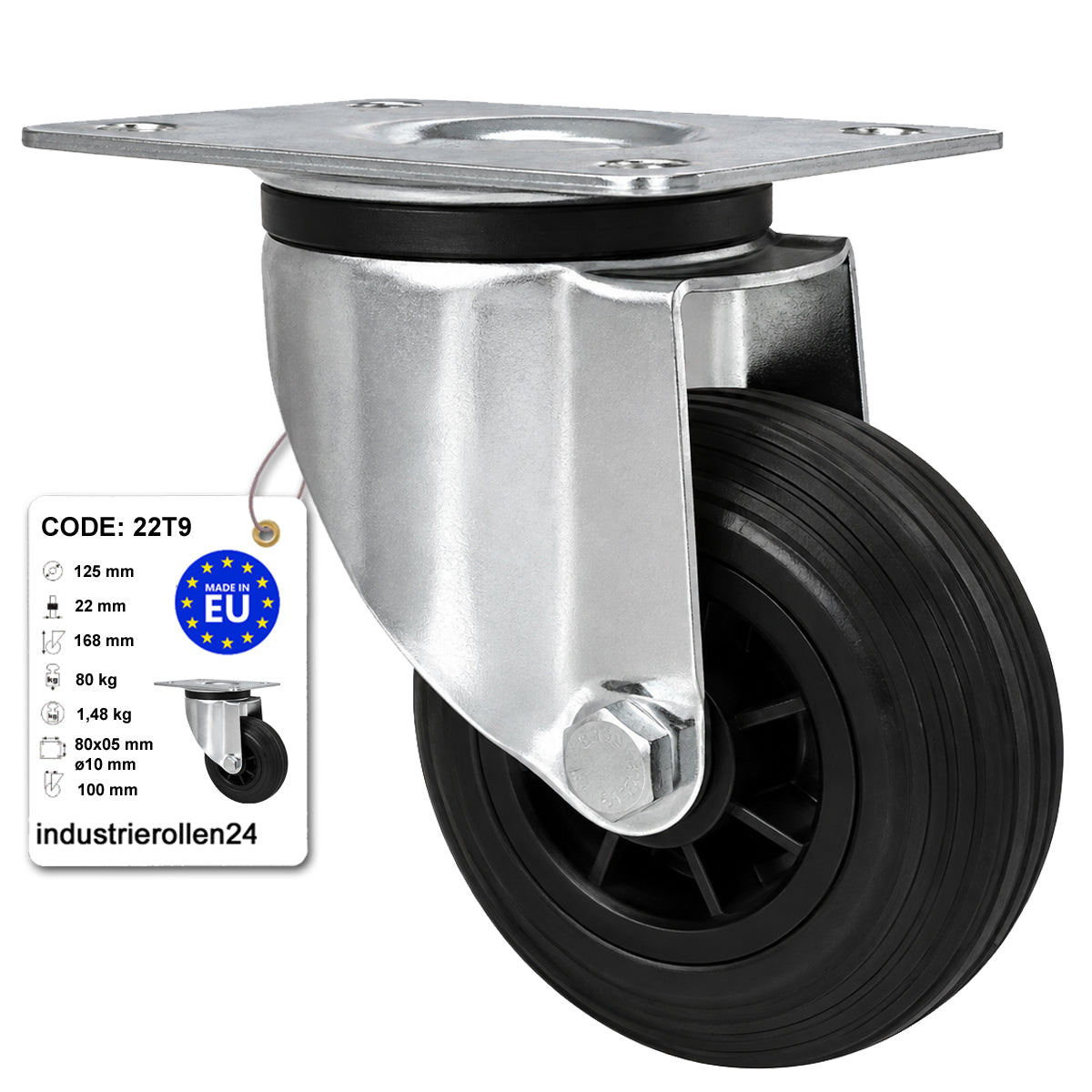 Kunststoff-Gummirrad mit Anschraubplatte Lenkrolle Ø125 mm mit Platte Code: 22T9