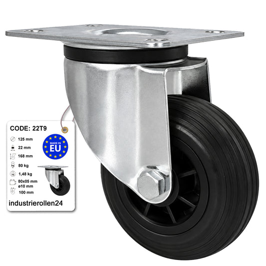 Kunststoff-Gummirrad mit Anschraubplatte Lenkrolle Ø125 mm mit Platte Code: 22T9