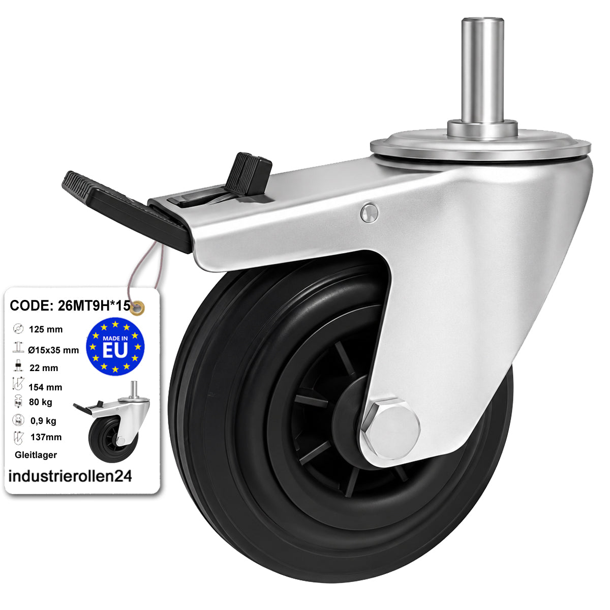 Kunststoff-Gummiräder mit Befestigungsstift und Bremse Lenkrollen  Ø125 mm Code: 26MT9H*15