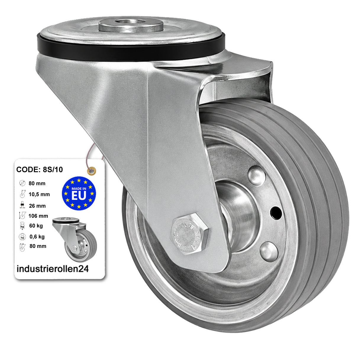 Metall-Gummiräder mit Befestigungsstift mit Zentralbohrung  Ø80 mm Code: 8S/10