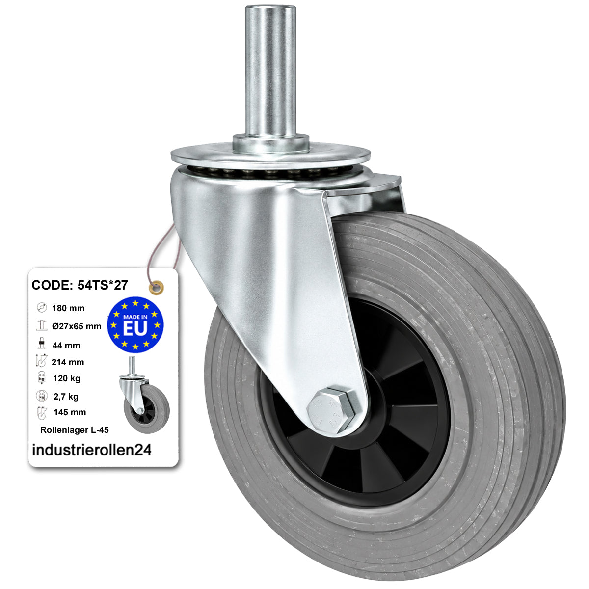 Kunststoff-Gummiräder mit Befestigungsstift Lenkrollen Ø180 mm Code: 54TS*27