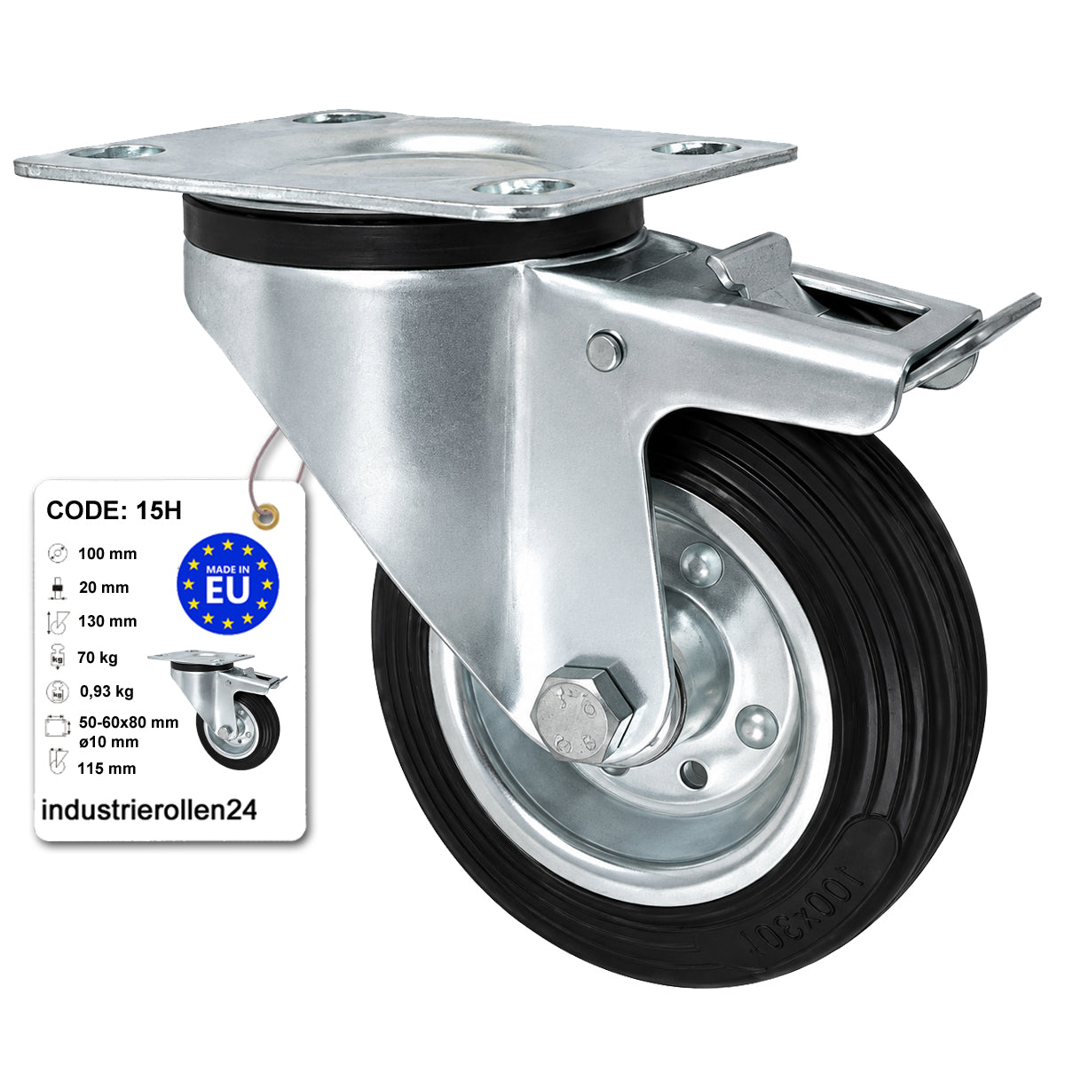 Metall-Gummiräder mit Befestigungsplatte und Bremse Lenkrolle Ø100 mm Code: 15H