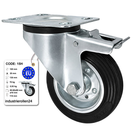 Metall-Gummiräder mit Befestigungsplatte und Bremse Lenkrolle Ø100 mm Code: 15H