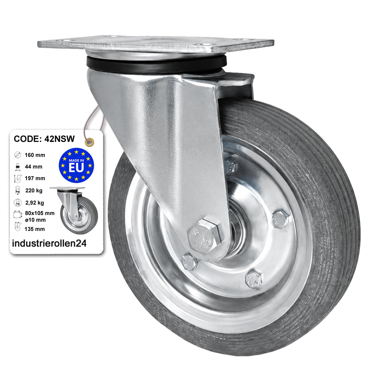 Metall-Gummiräder mit Befestigungsplatte Lenkrolle Ø160 mm mit Platte Code: 42NSW