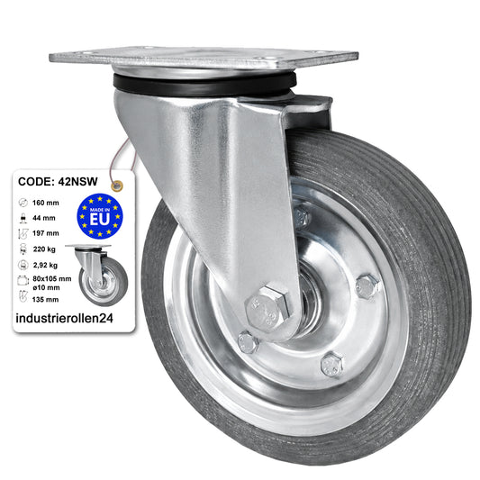 Metall-Gummiräder mit Befestigungsplatte Lenkrolle Ø160 mm mit Platte Code: 42NSW