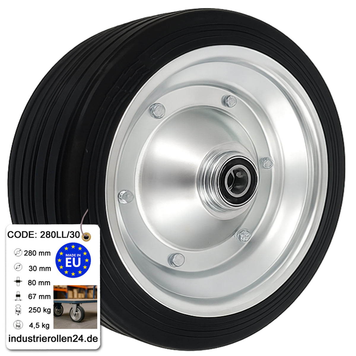 Ersatzrad Ø280 mm – Vollgummi Industrierad mit Kugellager für Transportwagen, Code: 280LL/30