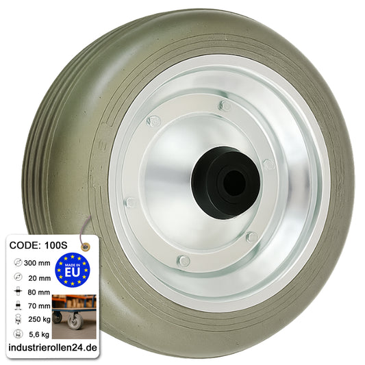 Ersatzrad Ø300 mm – Graues, nicht abfärbendes Vollgummi Industrierad für Transportwagen, Code: 100S